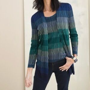 Chicos Blue Green Striped Open Front Cardigan Sweater Jacket Size 0